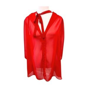 Kami Long Sleeve Red Sheer Blouse with Bow Tie-Size Small